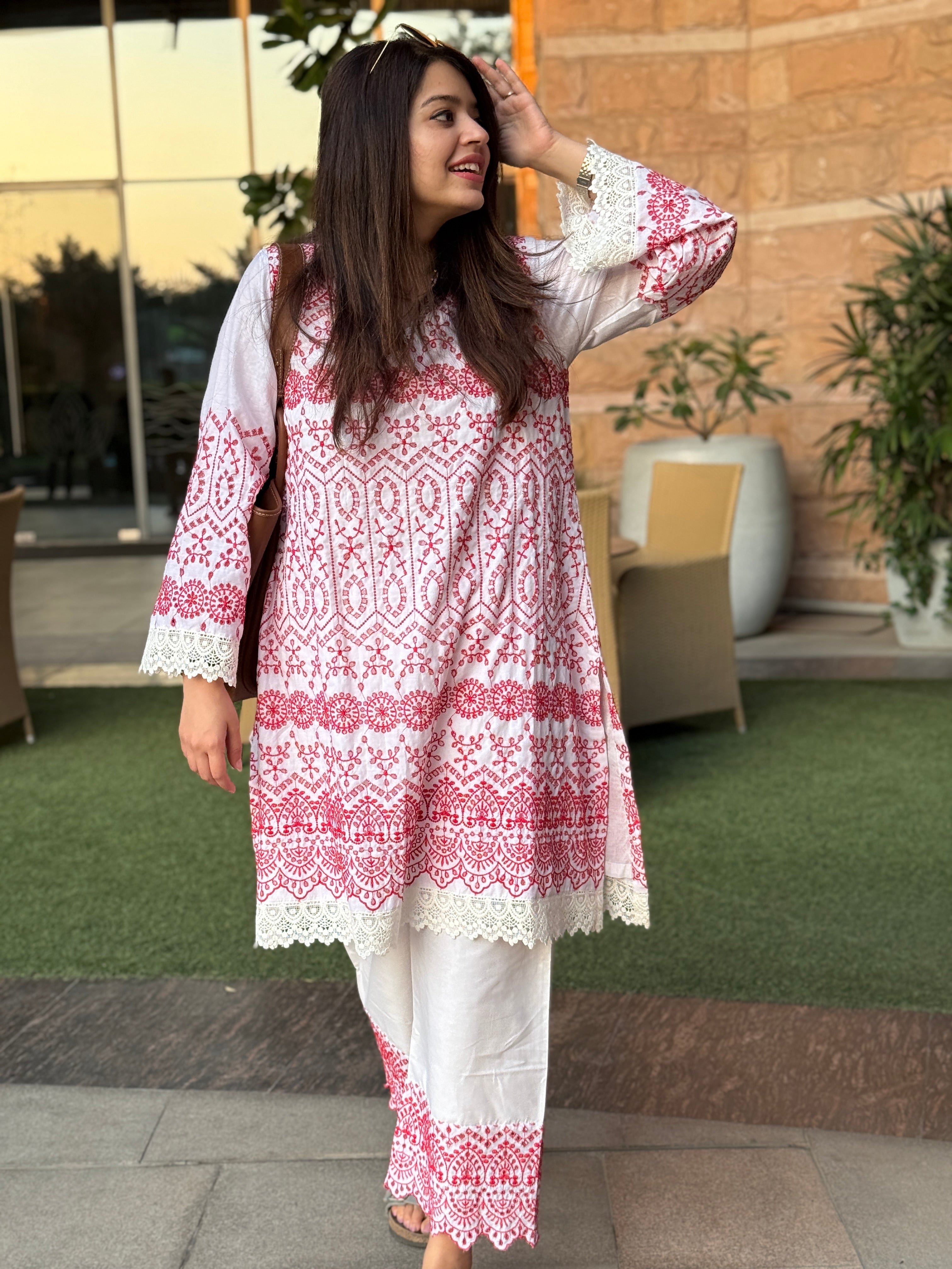 Gulnaar Red And White Co-ord Set