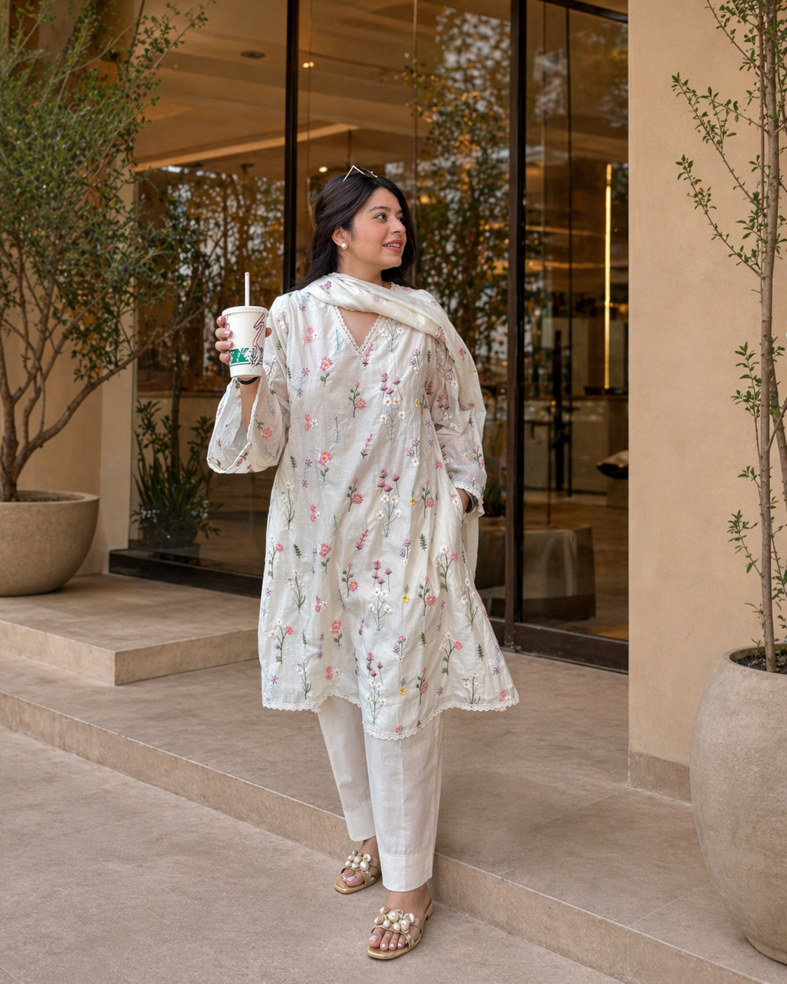 Rida White Floral Embroidered Suit Set