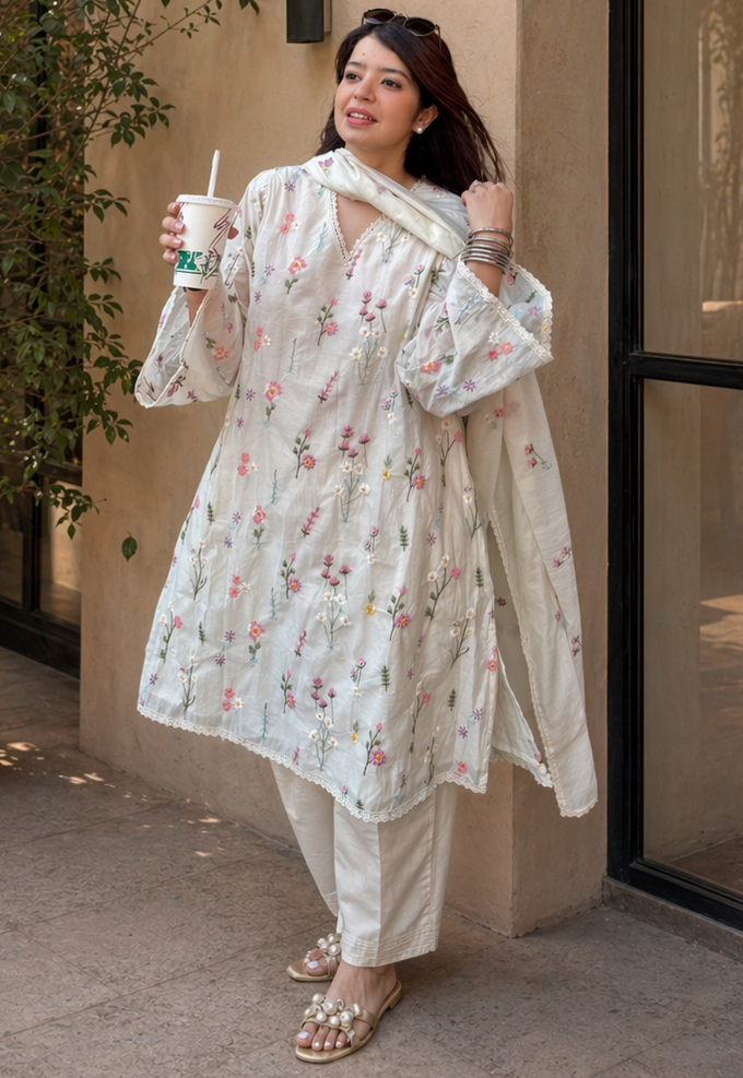 Rida White Floral Embroidered Suit Set