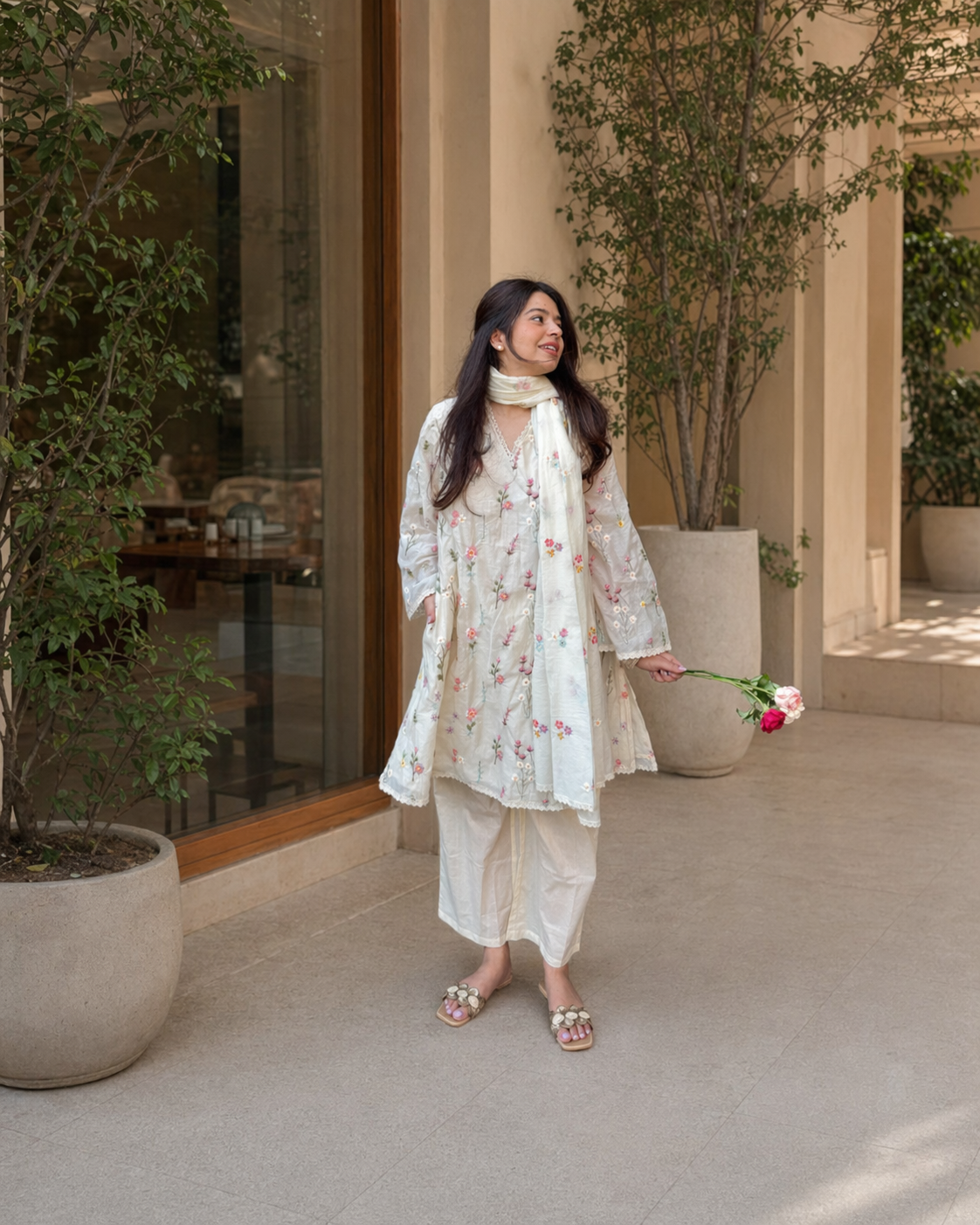 Rida White Floral Embroidered Suit Set