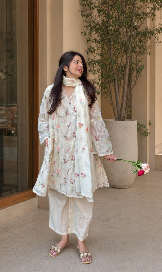 Rida White Floral Embroidered Suit Set