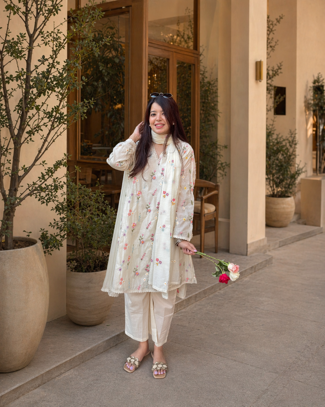 Rida White Floral Embroidered Suit Set