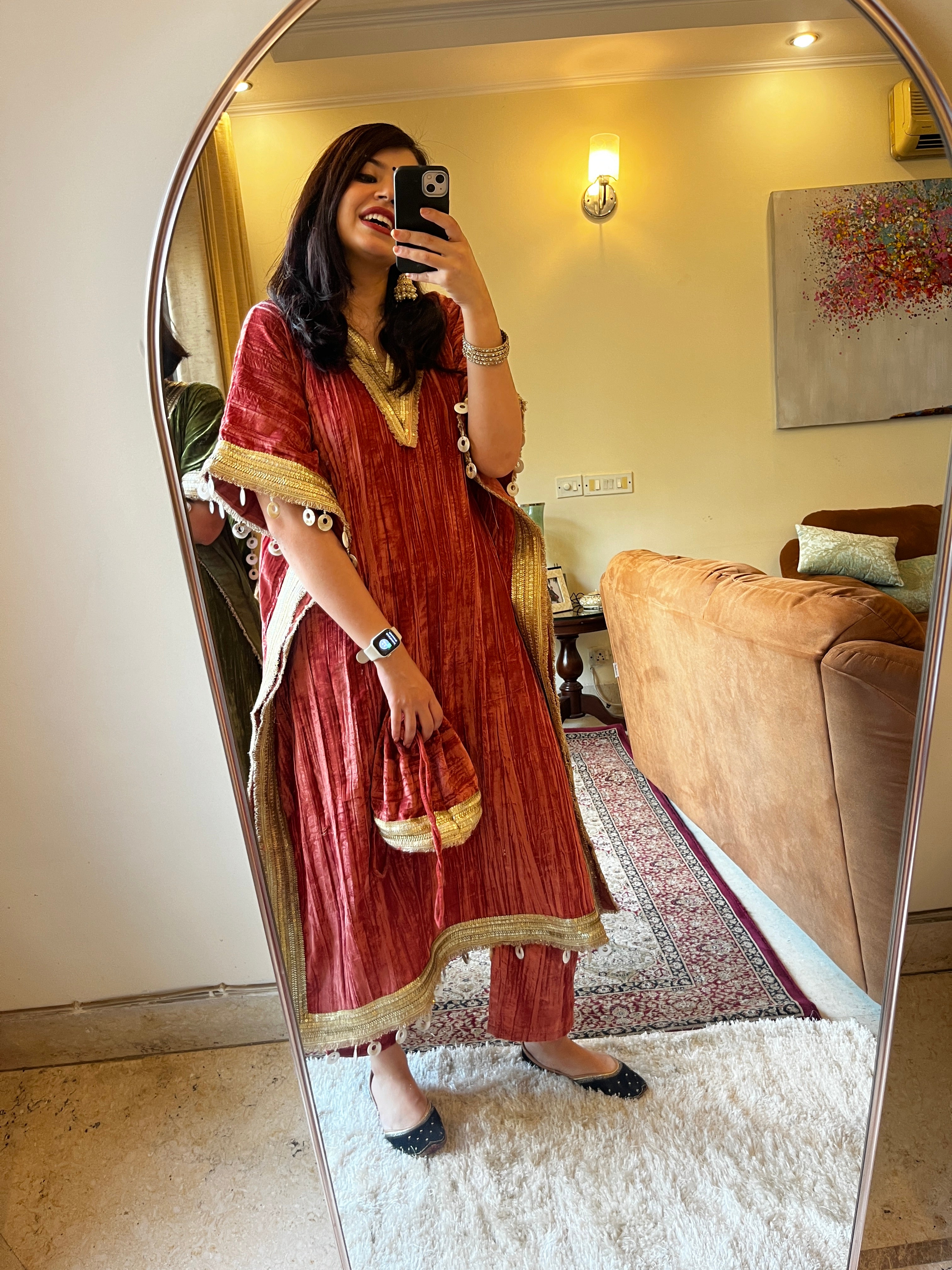 Firdaus Red Velvet Kaftan Set