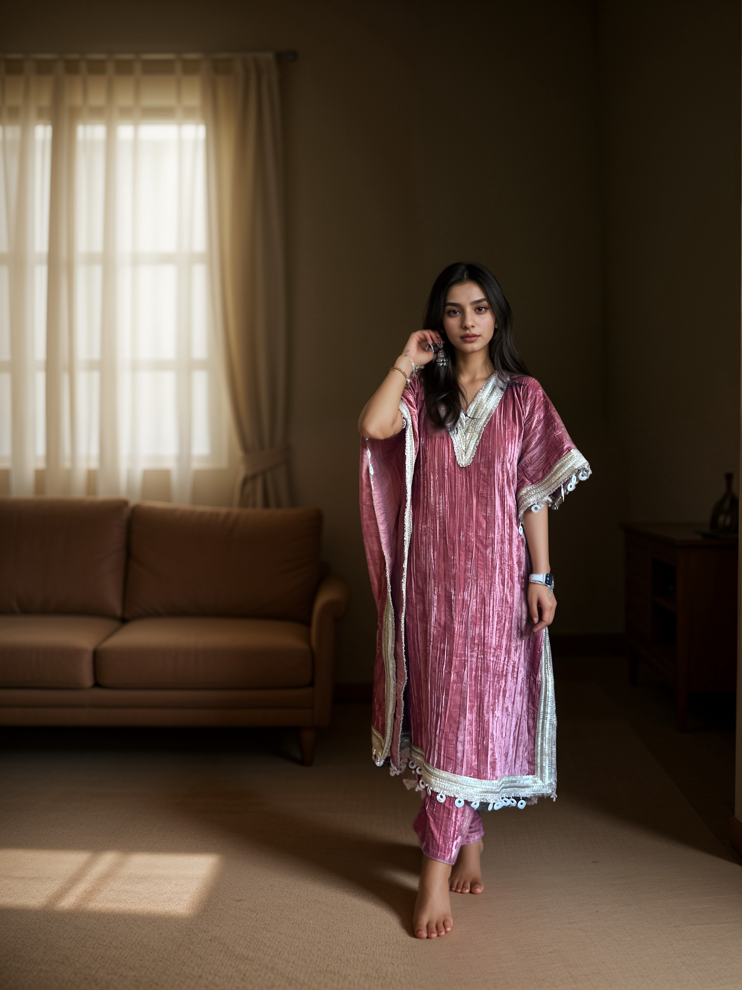 Firdaus Red Velvet Kaftan Set