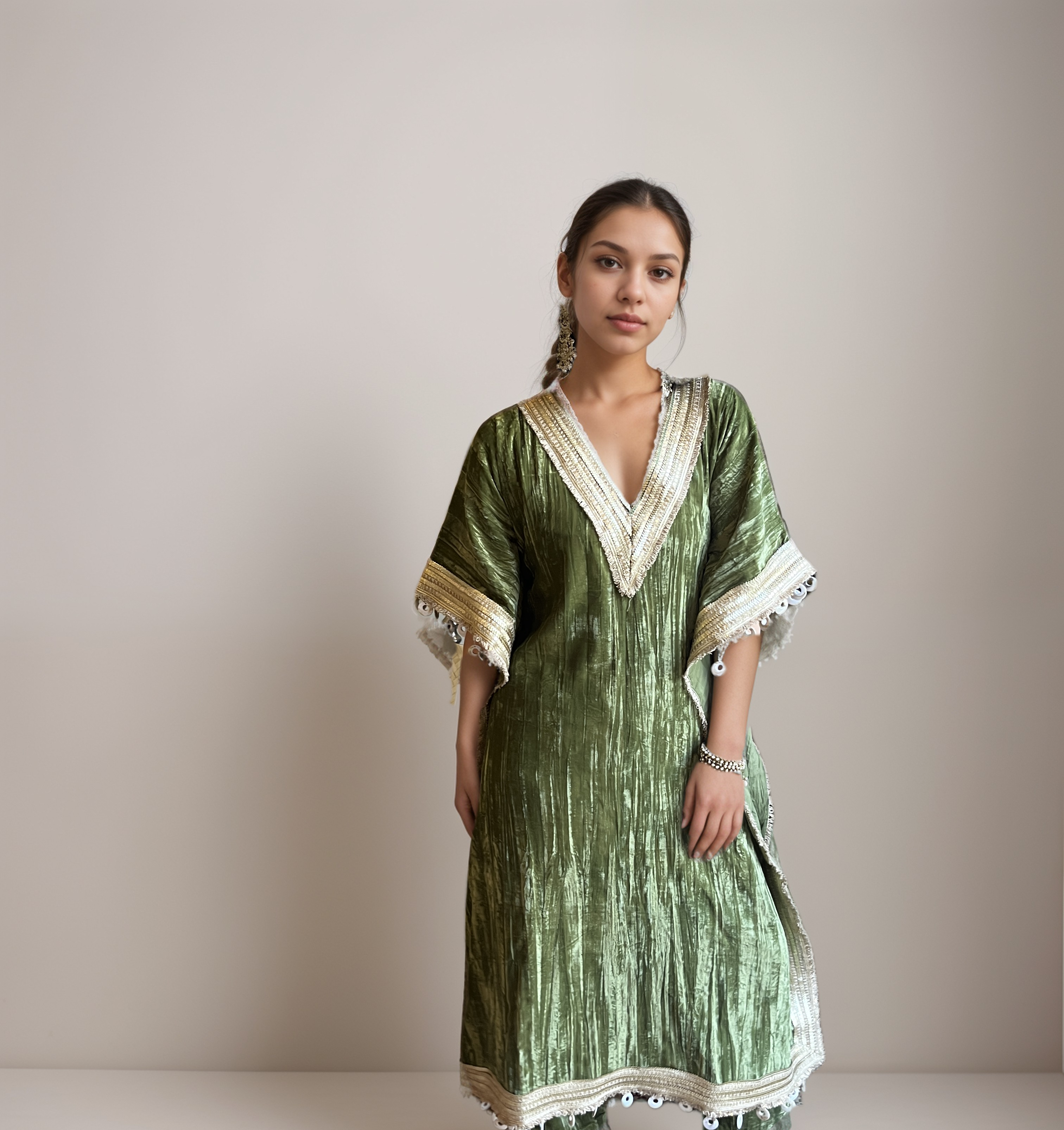 Firdaus Green Velvet Kaftan Set